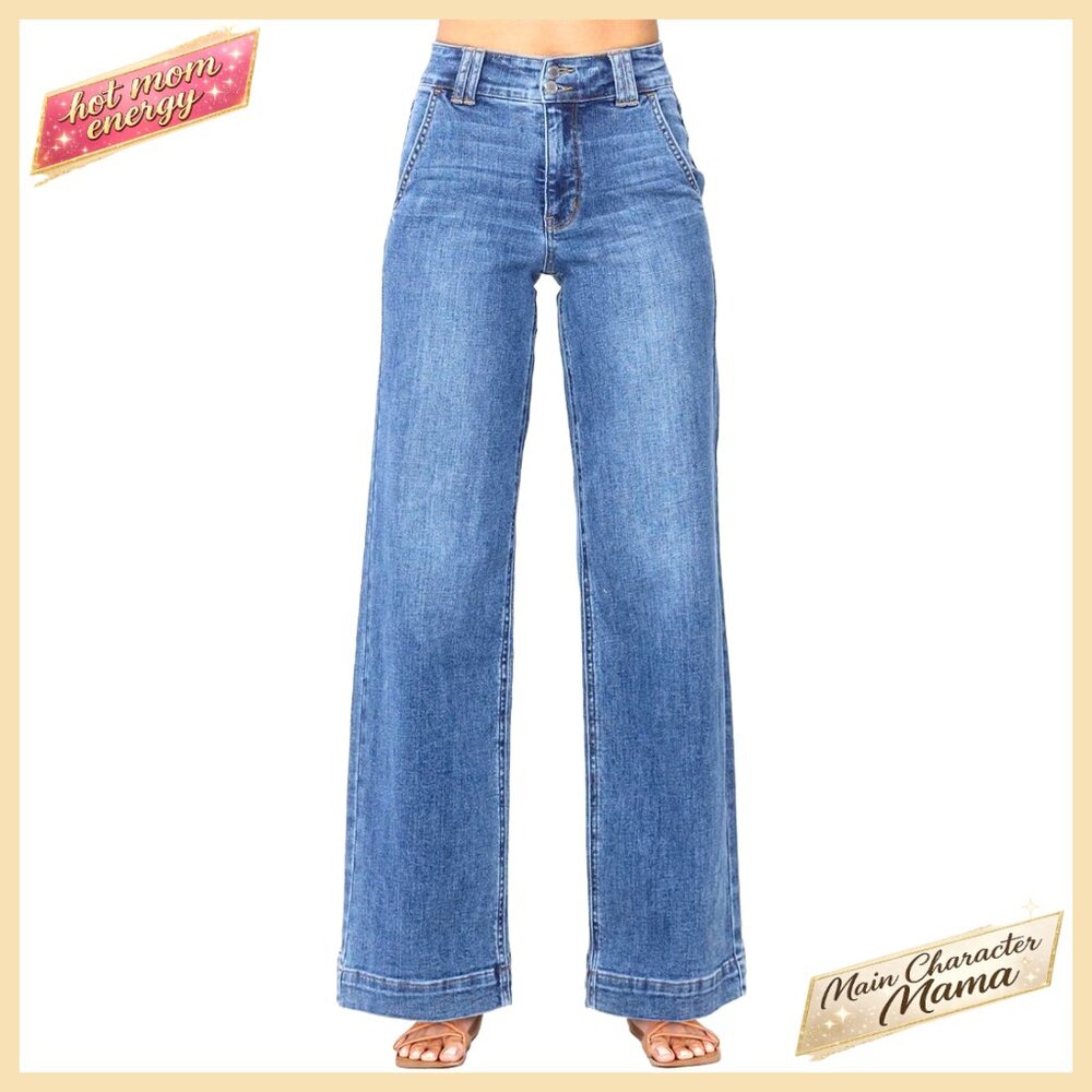 High Waisted Wide Leg Straight Jeans, Stretch Denim, Tummy Control